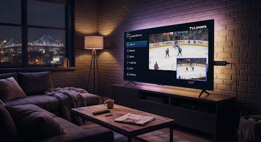 A modern Montreal living room with a large 4K TV showing the IPTV Smarters interface and a live hockey game, with an Amazon Firestick 4K Max plugged in on the side.